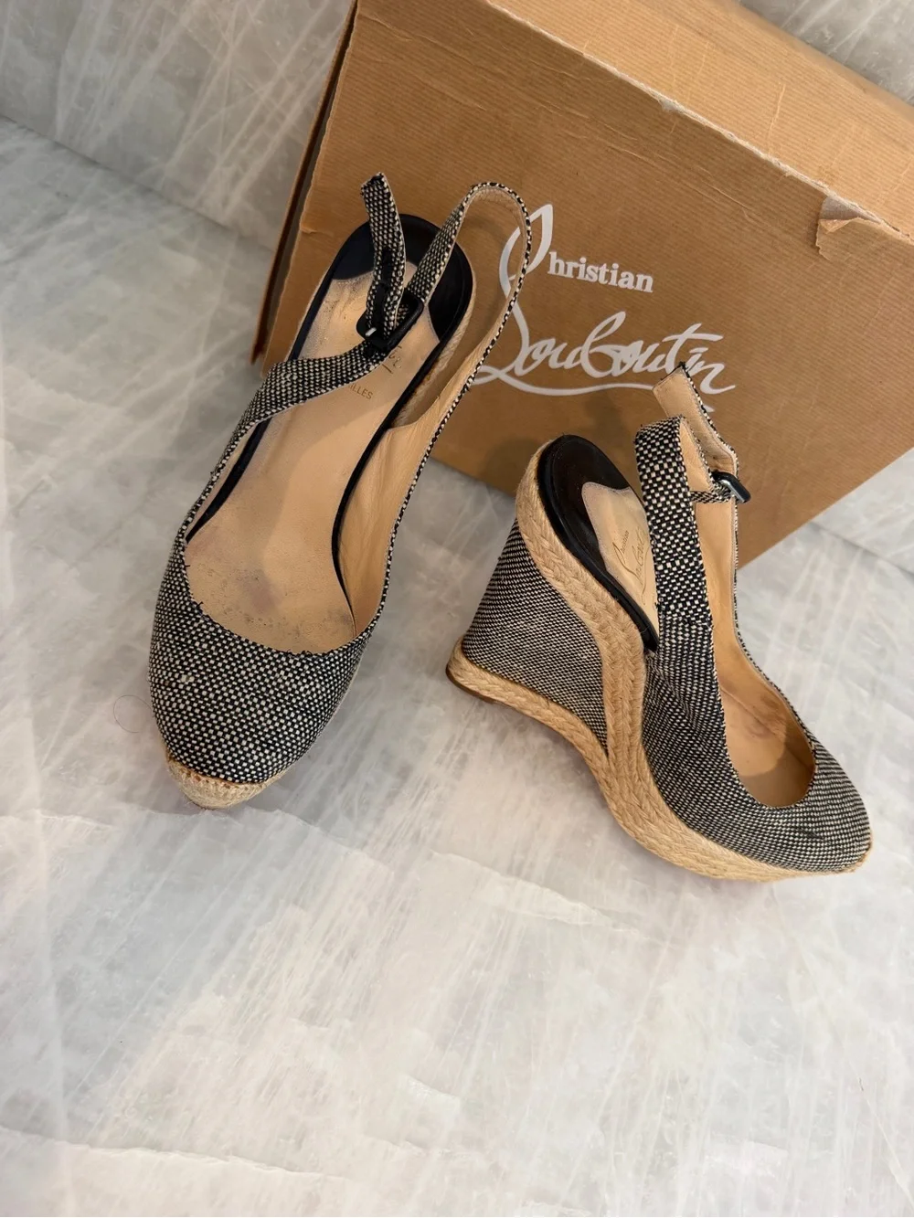 Christian Louboutin Black and Natural Espadrille Wedge Slingback